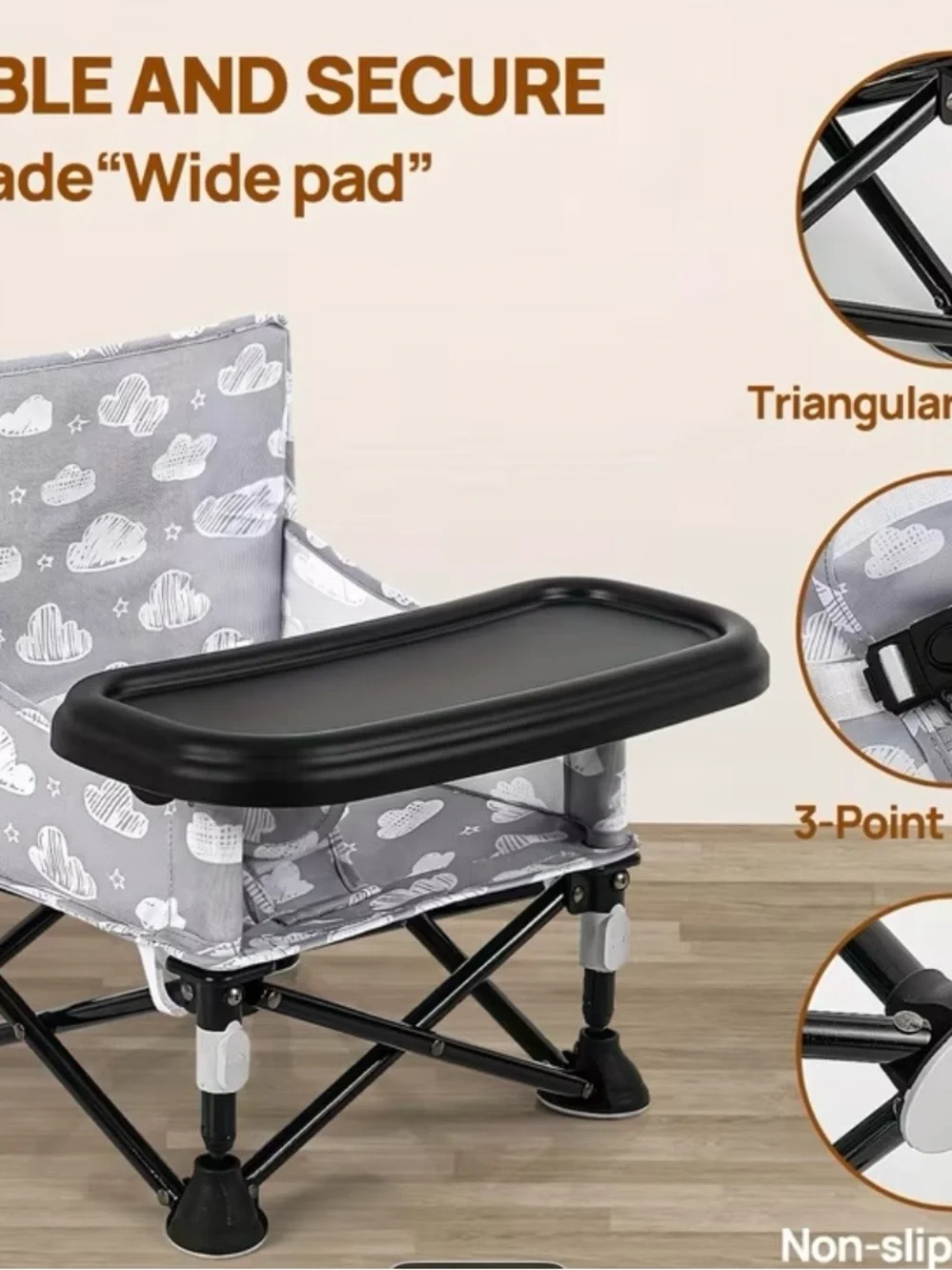 Kids Gray Cloud Print Portable Booster Seat with Tray